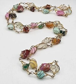Bohemian Fairy Coquette Vintage Caged Polished Semi-Precious Stones Necklace 30"